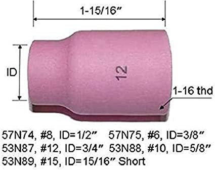 Large TIG Gas Lens Alumina Nozzle Kit 53N87#12(D19 x 48mm) 53N88#10(D16 x 48mm) 53N89#15(D24 x 34mm) 57N74#8(D12.5 x 48mm) 57N75#6(D9.5 x 48mm) Fit SR DB WP 9 17 20 18 26 TIG Welding Torch 10pk