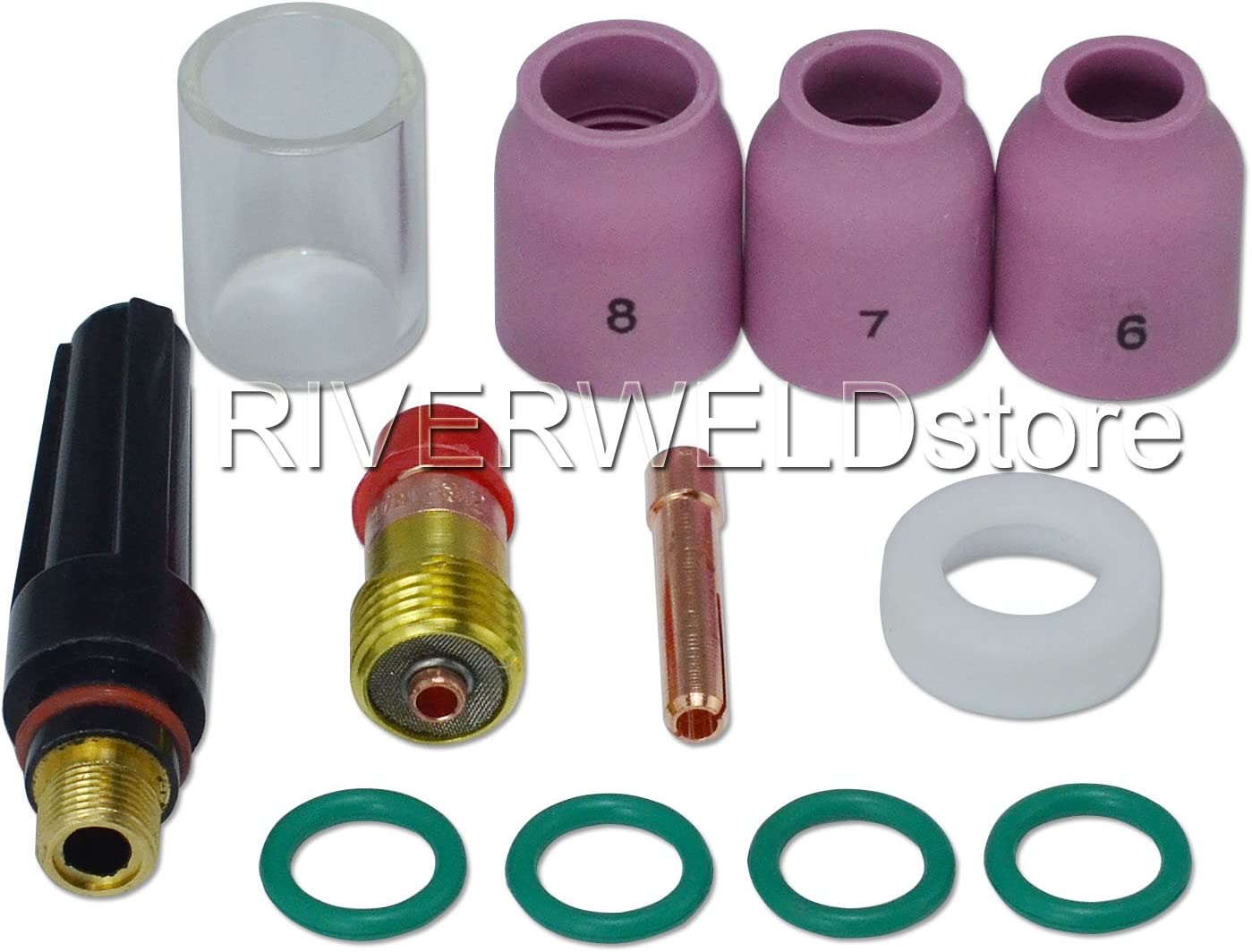 TIG Stubby Gas Lens 17GL18 10N25S(1/8" & 3.2mm")Insulated Cup #10(5/8" & 16mm)Ceramic Cup 53N60 (#6 3/8”) 53N61 ( #7 7/16”), 53N61S (#8 1/2” ) 17GLG20 Kit Fit DB SR WP 17 18 26 TIG Welding Torch 12pcs