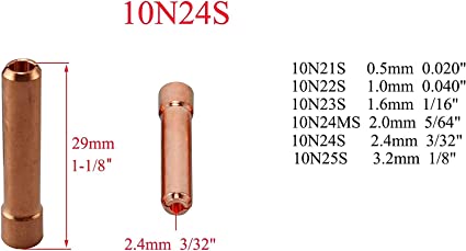 TIG Stubby Collet Assorted Size Kit 10N22S (1.00mm x 29mm) 10N23S (1.60mm x 29mm) 10N24S (2.40mm x 29mm)10N25S (3.20mm x 29mm) Orifice for PTA DB SR WP 17 18 26 TIG Welding Torch 10pk