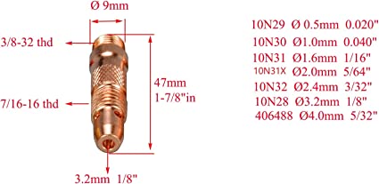 TIG Collet Bodis Assorted Size Kit 10N30 (1.0mm x 47mm) 10N31 (1.6mm x 47mm) 10N32 (2.4mm x 47mm) 10N28 (3.2mm x 47mm)406488 5/32" Orifice Fit SR DB PTA WP 17 18 26 TIG Welding Torch 10pk