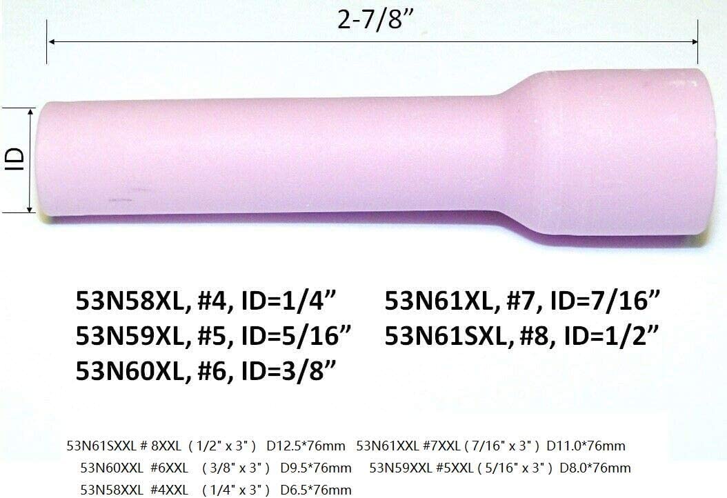 TIG Gas Lens Aluminia Nozzle Ceramic Cup Extra Long 53N61XXL (#7XXL 7/16" Orifice) for SR WP 9 20 25 TIG Welding Torch 5pk