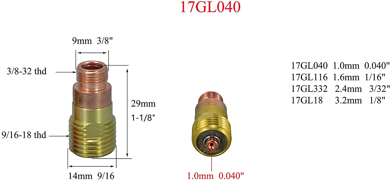 TIG Stubby Gas Lens 17GL040 0.040?? & 1.0mm Orifice Fit SR WP 17 18 26 TIG Welding Torch 3pk