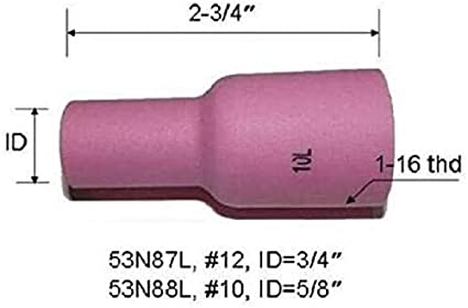 Long Large TIG Gas Lens Alumina Nozzle Ceramic Cup 53N88L (#10, 5/8" & D16 x 70mm) for TIG Welding Torch WP 9 17 18 20 25 26 Series in Lincoln Miller ESAB Weldcraft CK Everlast 10pk