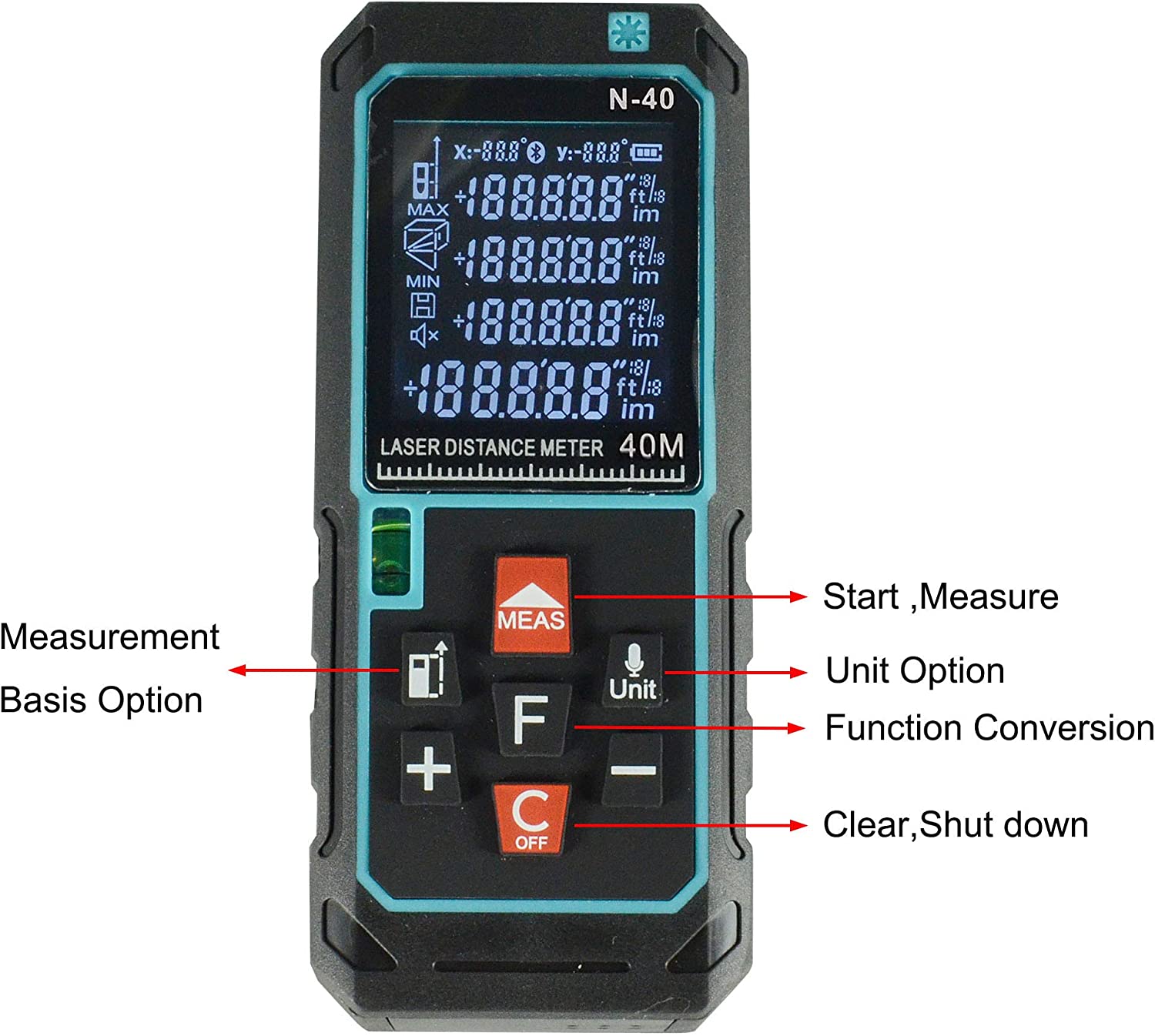 RIVERWELD 131 ft Laser Distance Meter Measure unit selection M/Inch/Feet Laser class II Storage of historical data Pythagorean theorem calculation (131 ft / 40M)