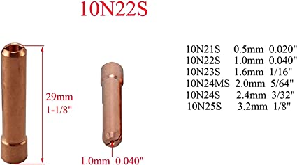 TIG Stubby Collet Assorted Size Kit 10N22S (1.00mm x 29mm) 10N23S (1.60mm x 29mm) 10N24S (2.40mm x 29mm)10N25S (3.20mm x 29mm) Orifice for PTA DB SR WP 17 18 26 TIG Welding Torch 10pk