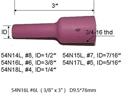 TIG Gas Lens Ceramic Cup Long Assorted Size Kit 54N18L #4L(D6.5 x 76 mm) 54N17L #5L(D8 x 76 mm) 54N16L #6L(D9.5 x 76 mm) 54N15L #7L(D11 x76 mm) 54N14L #8L(D12.5 x76 mm) Fit SR DTA DB WP 17 18 26,10pk