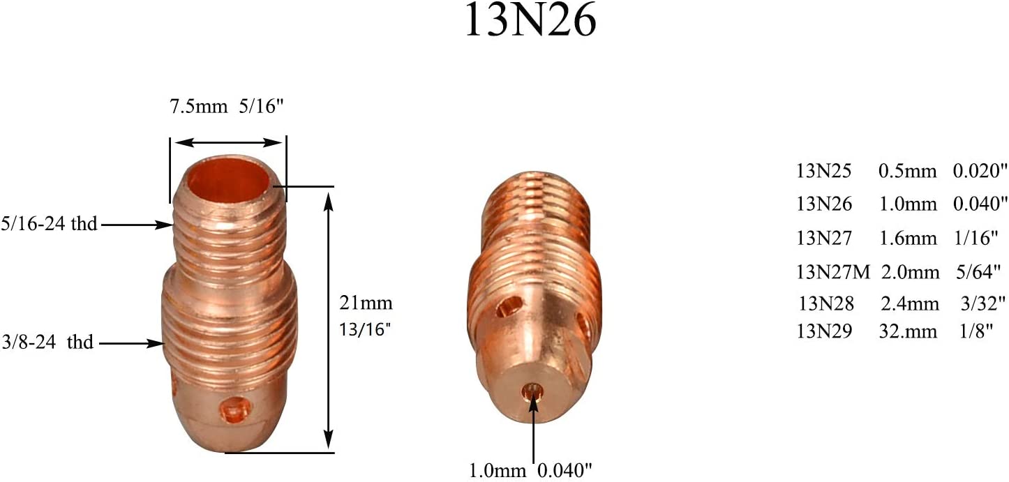TIG Collet Body 13N26 (0.040" & 1.0mm Orifice) Fit SR PTA WP 9 20 25 TIG Welding Torch 10pk