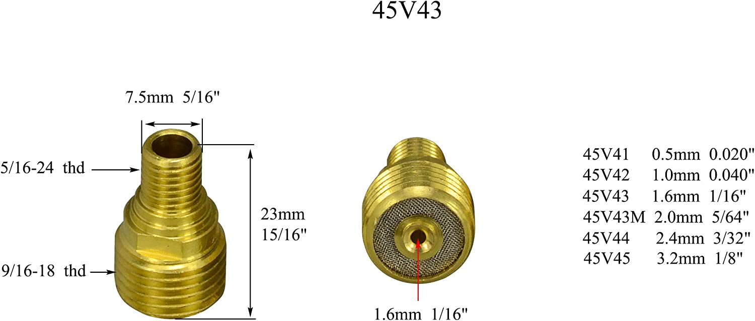 TIG Gas Lens Collet Body 45V43 (1/16?? & 1.6mm) 13N22 & Glass Cup #6 3/8" Gas lens insulator 598882 Medium Back Cup 41V35 Assorted Kit Fit DB SR WP 9 20 25 TIG Welding Torch 9pcs