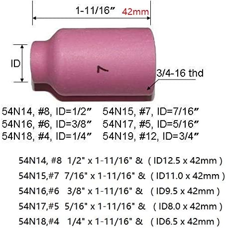 TIG Alumina Gas Lens Nozzle Ceramic Cup 54N14 (#8, 1/2") 54N15 (#7, 7/16") 54N16 (#6, 3/8") 54N17 (#5, 5/16") 54N18 (#4, 1/4") Kit Fit SR DTA DB WP 17 18 26 TIG Welding Torch 5pcs
