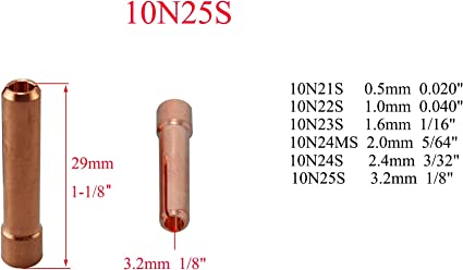 TIG Stubby Collet 10N25S (3.2mm x 29mm) for PTA DB SR WP 17 18 26 TIG Welding Torch 10pk