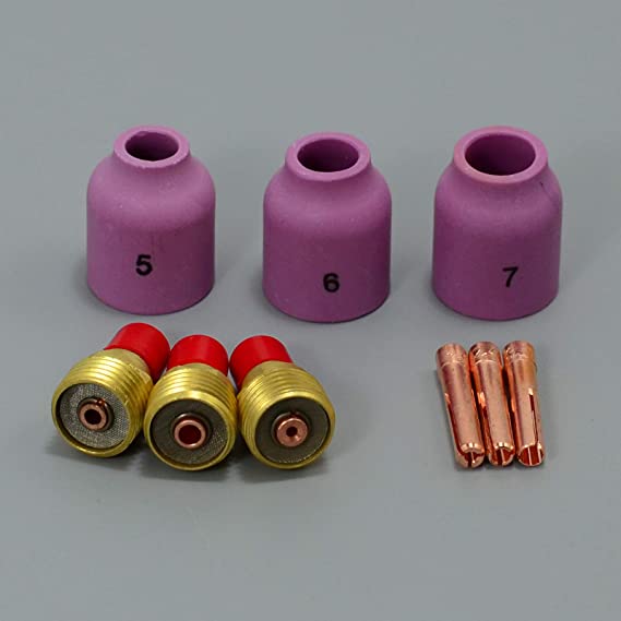 TIG Gas Lens Collet body 45V43 13N22 (1/16"& 1.6mm) 45V44 13N23 (3/32"& 2.4mm) 45V45 13N24 (1/8"& 3.2mm) Ceramic Cup 53N59#5 5/16" 53N60#6 3/8" 53N61#7 7/16" Fit WP 9 20 25 TIG Welding Torch 9pcs