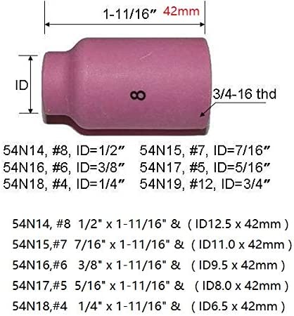 TIG Gas Lens 45V25 10N23 1/16" 45V26 10N24 3/32" 45V27 10N25 1/8" Ceramic Cup 54N14, 8 1/2"; 54N15,#7 7/16";54N16,#6 3/8" 2% Lanthanated Tungsten Electrode Fit WP 17 18 26 TIG Welding Torch 46pcs