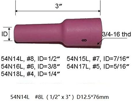 TIG Gas Lens Ceramic Cup Long Assorted Size Kit 54N18L (4L 1/4") 54N17L (#5L 5/16") 54N16L (#6L 3/8") 54N15L (#7L 7/16") 54N14L (8L# 1/2") Fit SR DTA DB WP 17 18 26 TIG Welding Torch 5pcs