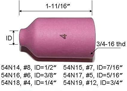 TIG Gas Lens Ceramic Cup Kit 54N14#8(D12.5 x 42mm) 54N15#7(D11.0 x 42mm) 54N16#6(D9.5 x 42mm) 54N17#5(D8.0 x 42mm) 54N18#4(D6.5 x 42mm) for TIG Welding Torch WP 17 18 26 10pk