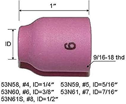 TIG Gas Lens Alumina Nozzle Kit 53N58#4(D6.5 x 25.5mm) 53N59#5(D8.0 x 25.5mm) 53N60#6(D9.5 x 25.5mm) 53N61#7(D11.0 x 25.5mm) 53N61S#8(D12.5 x 25.5mm) Fit PTA DB SR WP 9 20 24 25 TIG Welding Torch 10pk