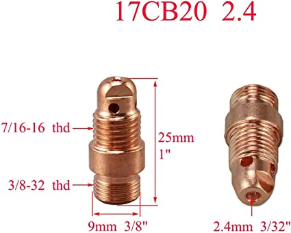 TIG Stubby Collet Body 17CB20 (2.40mm x 25mm) for PTA DB SR WP 17 18 26 TIG Welding Torch 10pk