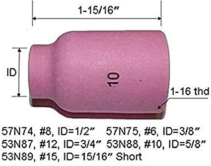 Large TIG Gas Lens Alumina Nozzle Kit 53N87#12(D19 x 48mm) 53N88#10(D16 x 48mm) 53N89#15(D24 x 34mm) 57N74#8(D12.5 x 48mm) 57N75#6(D9.5 x 48mm) Fit SR DB WP 9 17 20 18 26 TIG Welding Torch 10pk