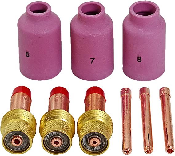 TIG Gas Lens Collet Bodies 45V25 10N23 1/16" ，45V26 10N24 3/32"，45V27 10N25 1/8" and Ceramic Cup 54N14, 8 1/2"; 54N15,#7 7/16";54N16,#6 3/8" Assorted Size Kit for WP 17 18 26 TIG Welding Torch 9pcs