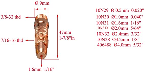 TIG Collet Body 10N23 10N31 (1/16") 10N24 10N32 (3/32") 10N25 10N28 (1/8") Ceramic Cup 10N46 10N49 10N50 TIG Back Cap 57Y02 57Y04 Assorted Size Kit For PTA DB WP 17 18 26 TIG Welding Torch 52pcs