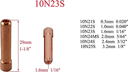 TIG Stubby Collet Assorted Size Kit 10N22S (1.00mm x 29mm) 10N23S (1.60mm x 29mm) 10N24S (2.40mm x 29mm)10N25S (3.20mm x 29mm) Orifice for PTA DB SR WP 17 18 26 TIG Welding Torch 10pk