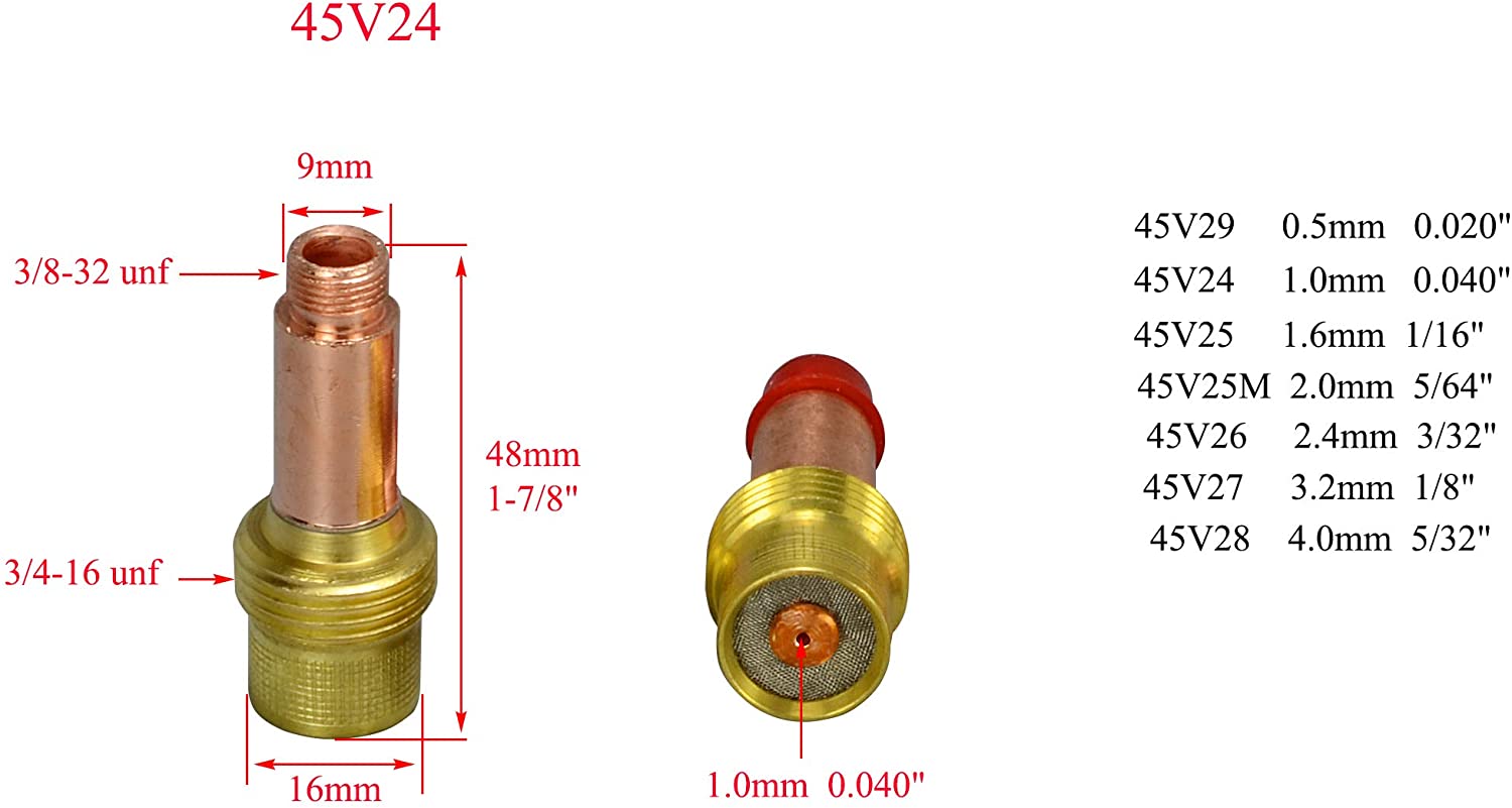 TIG Gas Lens 45V25 10N23 1/16" 45V26 10N24 3/32" 45V27 10N25 1/8" Ceramic Cup 54N14, 8 1/2"; 54N15,#7 7/16";54N16,#6 3/8" 2% Lanthanated Tungsten Electrode Fit WP 17 18 26 TIG Welding Torch 46pcs
