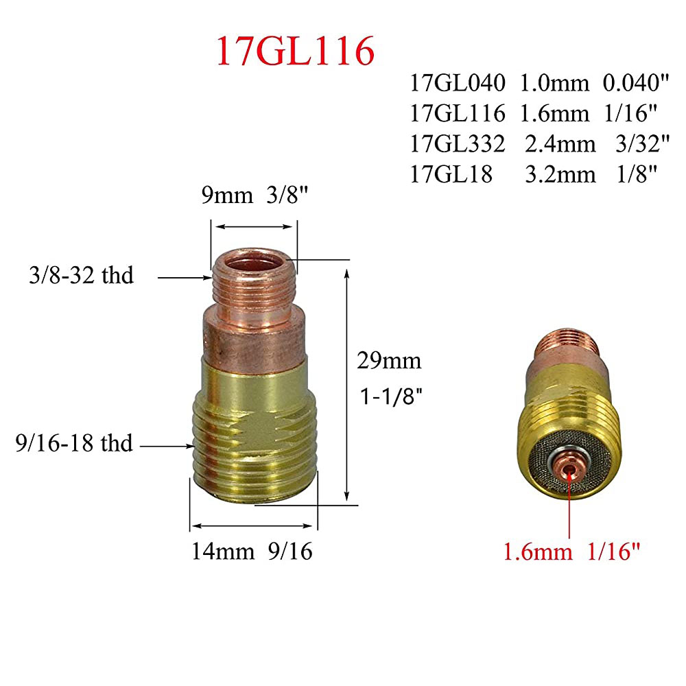 TIG Stubby Gas Lens 17GL116 (1/16" & 1.6mm) Orifice Fit SR WP 17 18 26 TIG Welding Torch 3pk