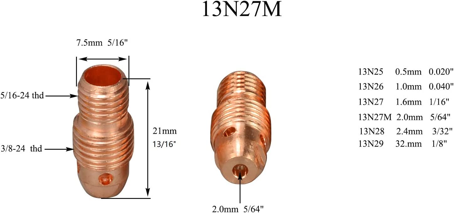 13N27X TIG Collet Body 2.0mm Fit SR PTA WP 9 20 25 TIG Welding Torch 10pk