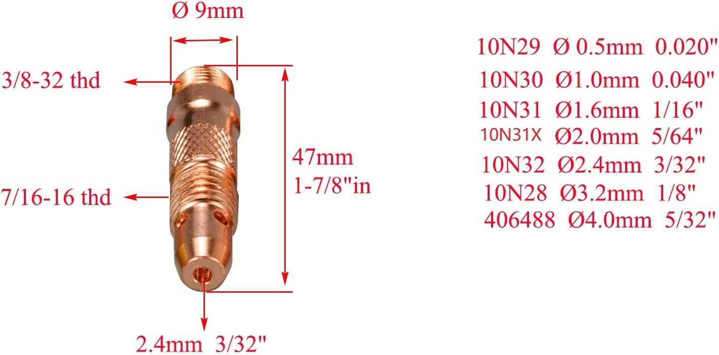 TIG Collet Bodis 10N32 (3/32" & 2.4mm) Orifice Fit SR DB PTA WP 17 18 26 TIG Welding Torch 5pk