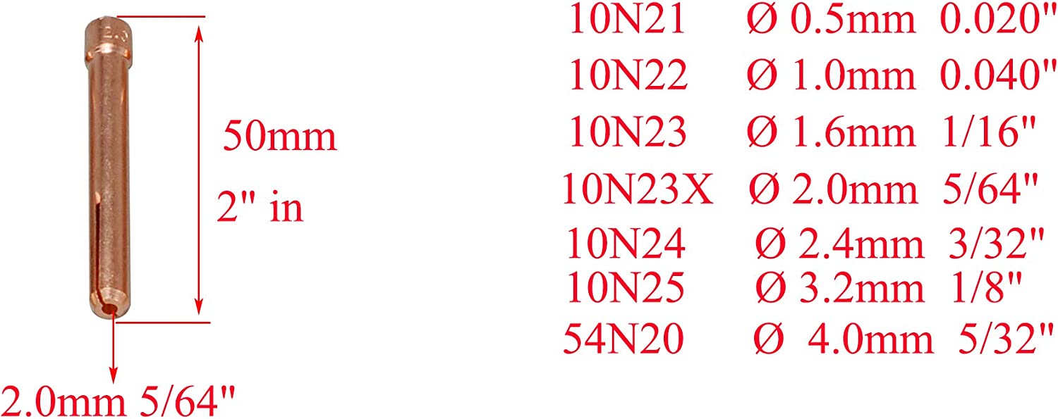 TIG Collet 10N23x (5/64" & 2.0mm Orifice) For QQ300 PTA DB SR WP 17 18 26 TIG Welding Torch 10pk