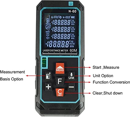 RIVERWELD 196 ft Laser Distance Meter Measure Unit Selection M/Inch/Feet Laser Class II Storage of Historical Data Pythagorean Theorem Calculation (196 ft / 60M)