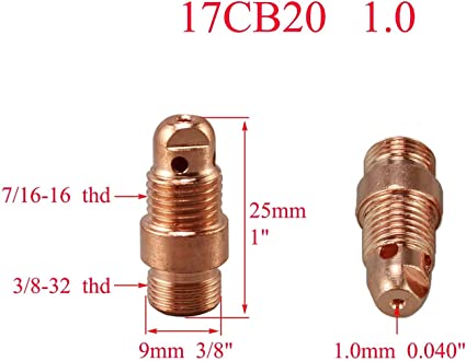 TIG Stubby Collet Body 17CB20 (1.00mm x 25mm) for PTA DB SR WP 17 18 26 TIG Welding Torch 10pk