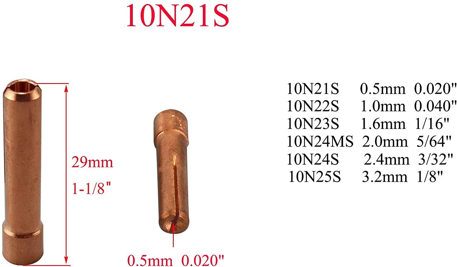 TIG Stubby Collet 10N21S (0.020" & 0.5mm Orifice) For PTA DB SR WP 17 18 26 TIG Welding Torch 10pk