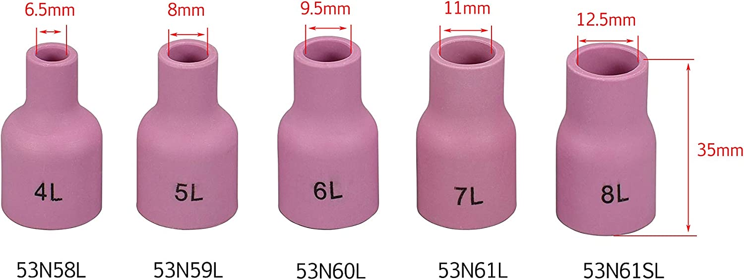 TIG Gas Lens Aluminia Nozzle Ceramic Cup Long Kit 53N58L (#4L 1/4") 53N59L (#5L 5/16") 53N60L (#6L 3/8") 53N61L (#7L 7/16") 53N61SL (#8L 1/2") for SR WP 9 20 25 TIG Welding Torch 10pcs