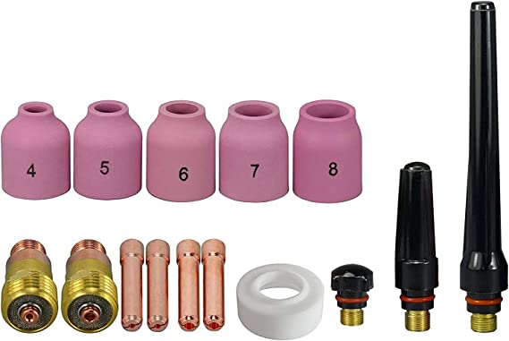 TIG Stubby Gas Lens Collets body 17GL116 10N23S (1/16" & 1.6mm) 17GL332 10N24S (3/32" & 2.4mm) Ceramic Cup 53N59 53N61S Insulators 17GLG20 Back cap 57Y02 for WP 17 18 26 TIG Welding Torch 15pcs