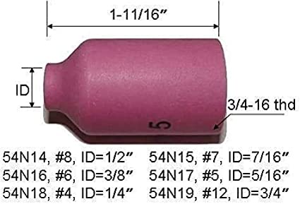 TIG Gas Lens Ceramic Cup Kit 54N14#8(D12.5 x 42mm) 54N15#7(D11.0 x 42mm) 54N16#6(D9.5 x 42mm) 54N17#5(D8.0 x 42mm) 54N18#4(D6.5 x 42mm) for TIG Welding Torch WP 17 18 26 10pk
