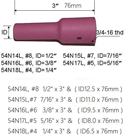 TIG Ceramic Cup 54N14#8 1/2", 54N15#7 7/16" 54N16#6 3/8" 54N17,#5 5/16" 54N18,#4 1/4" for Long Gas Lens Collets Body Kit Fit QQ300 SR WP 17 18 26 TIG Welding Torch 10pcs
