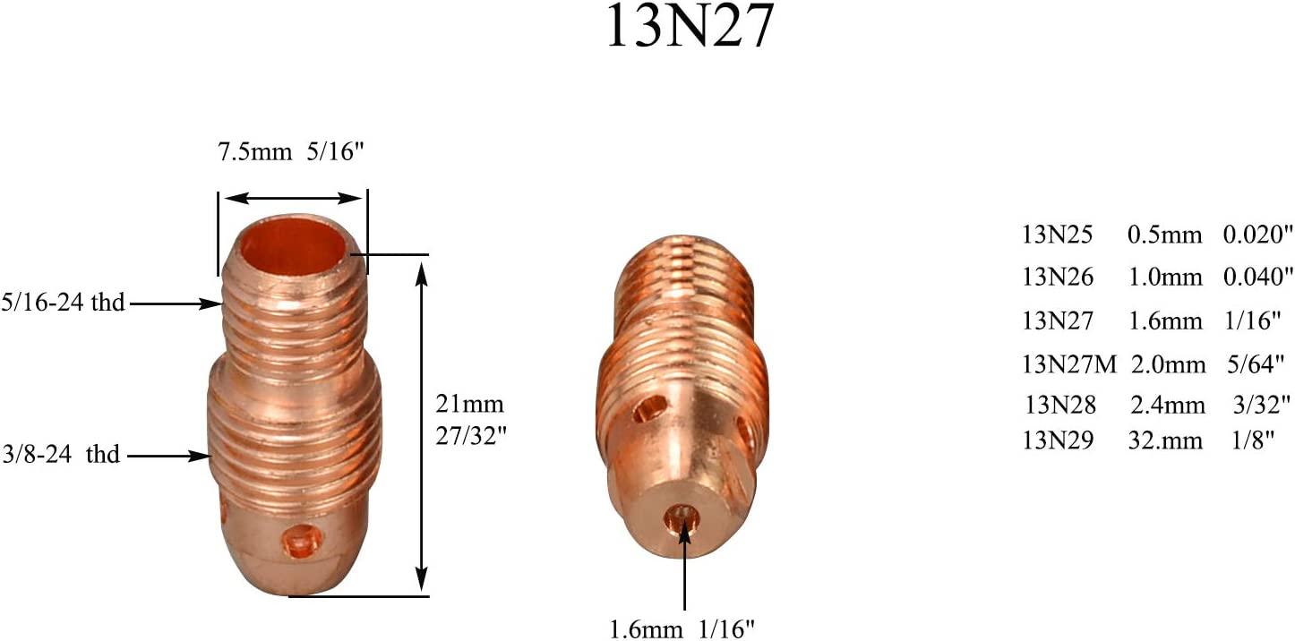 TIG Gas Lens Collet Body 13N21 45V42(.040" & Ø1.0mm)13N22 45V43 (1/16" & Ø1.6mm) 45V44 13N23 (3/32" & Ø2.4mm) 45V45 13N24(1/8" & Ø3.2mm) Insulated Cup #4 ~ #8#10#12 WP 9 20 25 TIG Welding Torch 68pcs