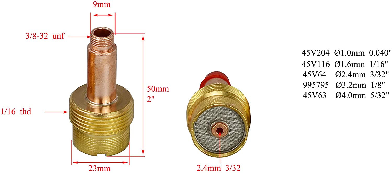 Large Diameter TIG Gas Lens Collet Body Jumbo 45V Series Fit SR WP 17 18 26 TIG Welding Torch 2pk (45V64 (3/32?? & 2.4mm))