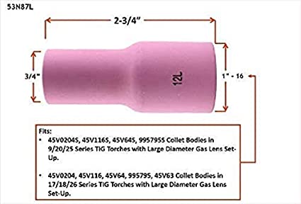 10pk Long Large TIG Gas Lens Alumina Nozzle Ceramic Cup 53N87L (#12,3/4" & D19 x 70mm) for TIG Welding Torch WP 9 17 18 20 25 26 Series in Lincoln Miller ESAB Weldcraft CK Everlast