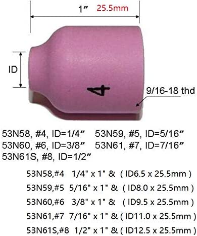 TIG Stubby Gas Lens Collets 17CB20 17GL040 10N22S (0.040") 17GL116 10N23S (1/16") 17GL332 10N24S (3/32") 17GL18 10N25S (1/8") Glass Cup #4~#8 Ceramic cup 13N 53N WP 17 18 26 TIG Torch Welding 54pcs