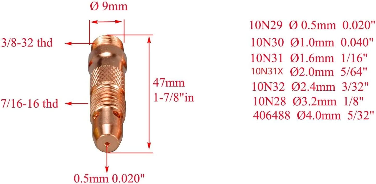 TIG Collet Bodies Assorted Size Kit 10N30 (0.040" & 1.00mm) 10N31 (1/16" & 1.6mm) 10N32 (3/32" & 2.4mm) 10N28 (1/8" & 3.2mm) 406488 (5/32" & 4.0mm) Fit WP 17 18 26 TIG Welding Torch 5pcs