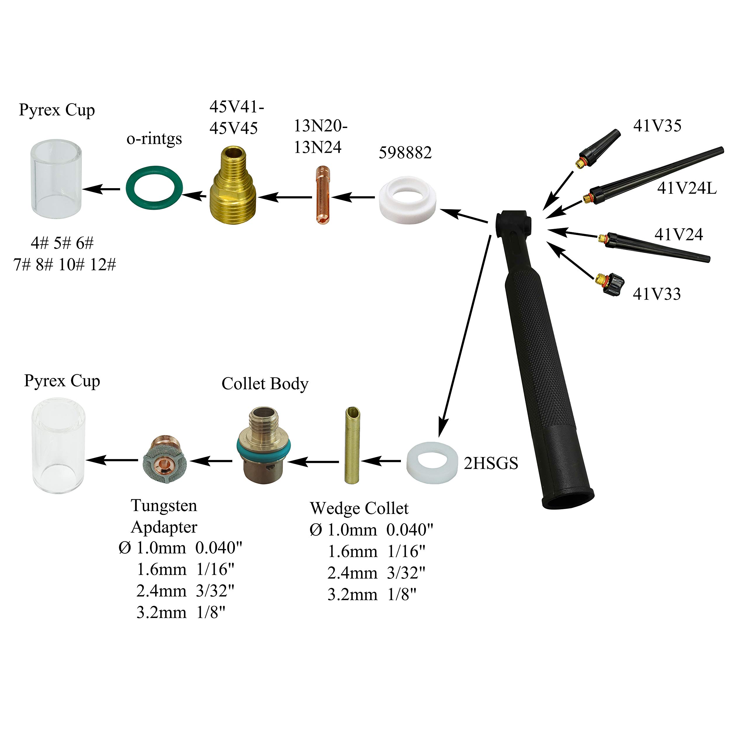 TIG Gas Lens Collet Body 13N21 45V42 (.040" & Ø1.0mm) 13N22 45V43 (1/16" & Ø1.6mm) 45V44 13N23 (3/32" & Ø2.4mm) 45V45 13N24 (1/8" & Ø3.2mm) Glass Cup #4 ~ #12 WP 9 20 25 TIG Welding Torch 39pcs