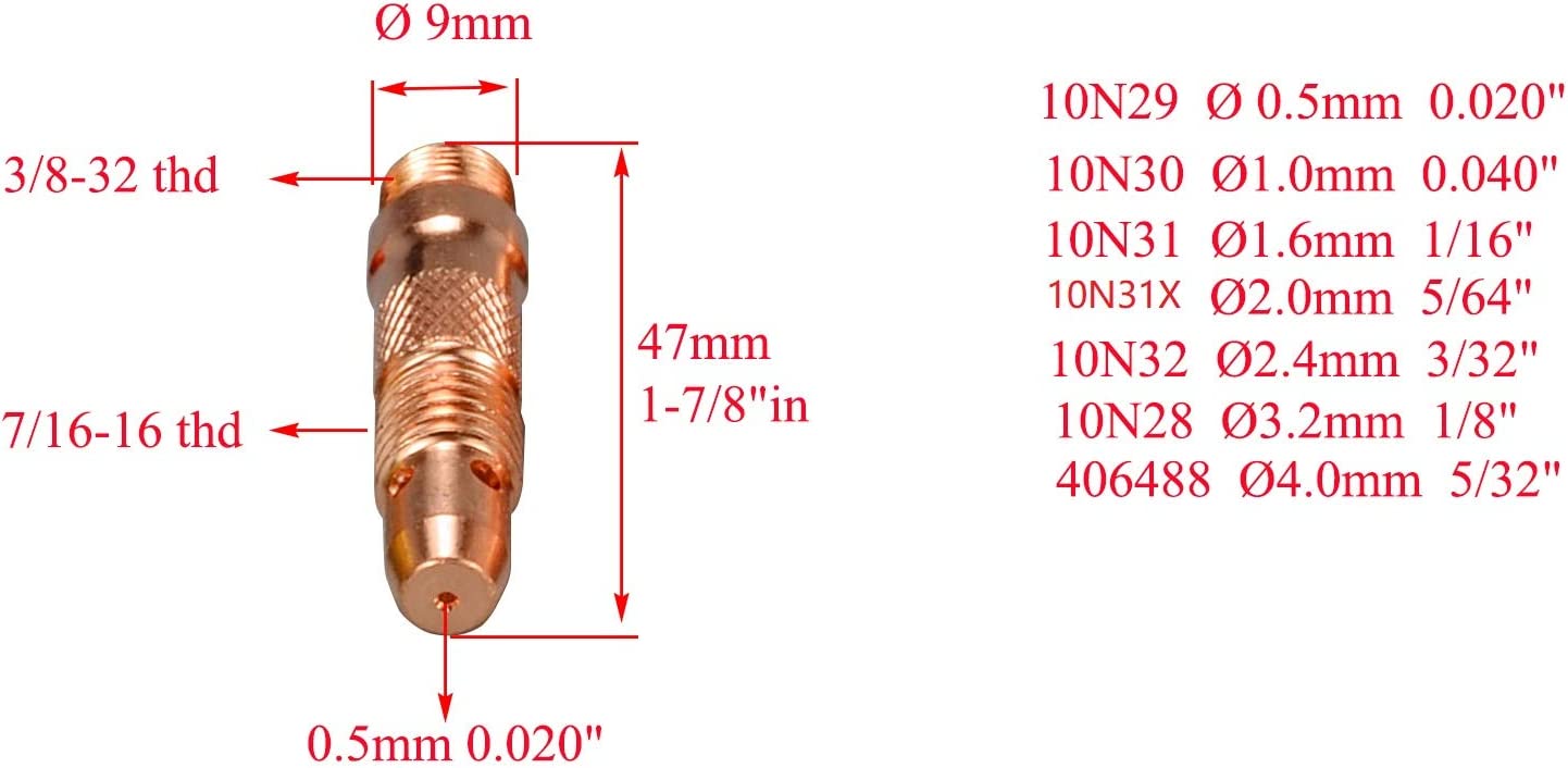 TIG Collet Bodies 10N29 (0.020" & 0.5mm Orifice) Fit SR DB PTA WP 17 18 26 TIG Welding Torch 5pk