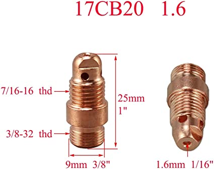 TIG Stubby Collet Body 17CB20 (1.60mm x 25mm) for PTA DB SR WP 17 18 26 TIG Welding Torch 10pk