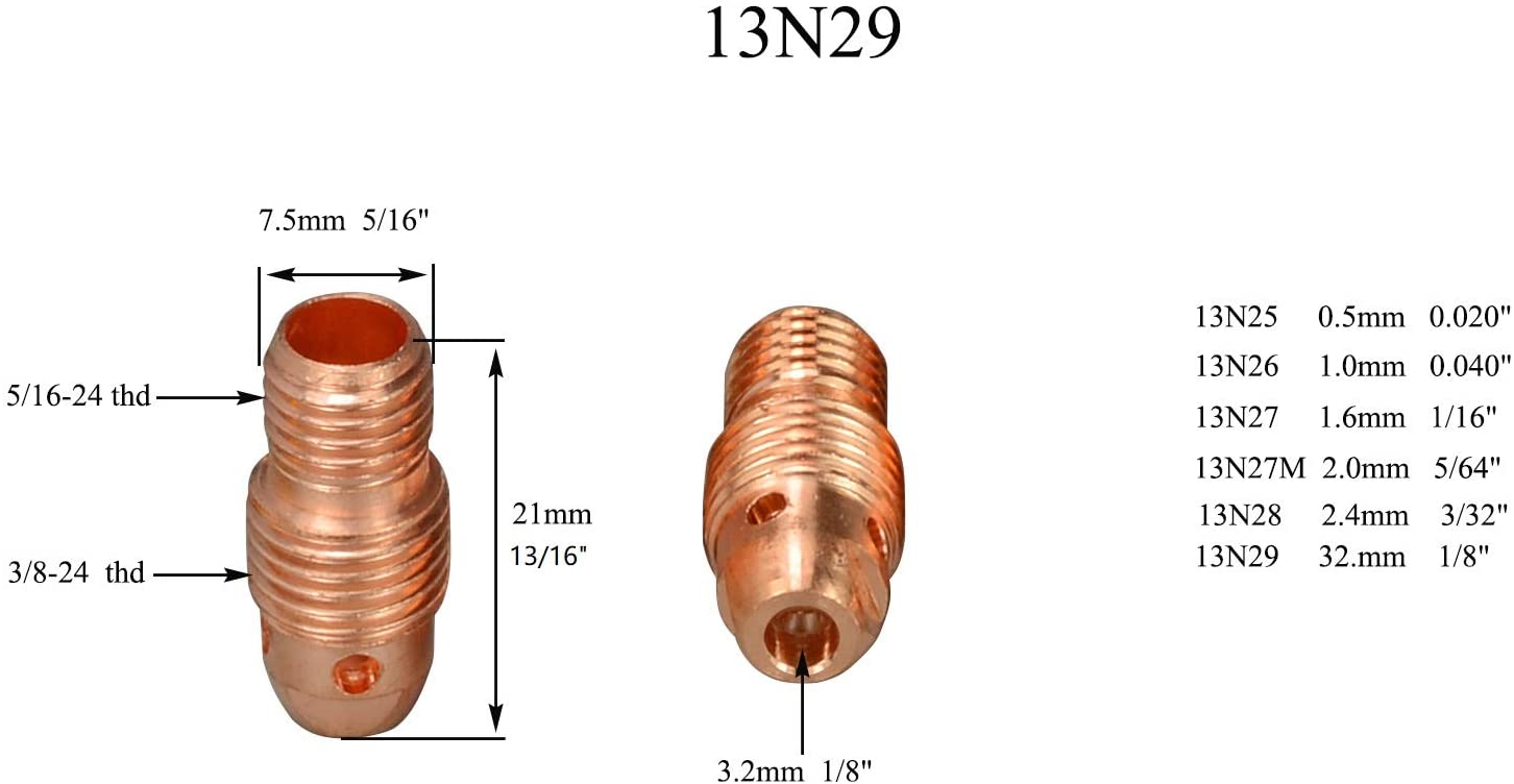 TIG Collet Body 13N29 (1/8" & 3.2mm Orifice) Fit SR PTA WP 9 20 25 TIG Welding Torch 10pk