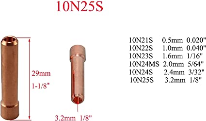 TIG Stubby Collet Assorted Size Kit 10N22S (1.00mm x 29mm) 10N23S (1.60mm x 29mm) 10N24S (2.40mm x 29mm)10N25S (3.20mm x 29mm) Orifice for PTA DB SR WP 17 18 26 TIG Welding Torch 10pk