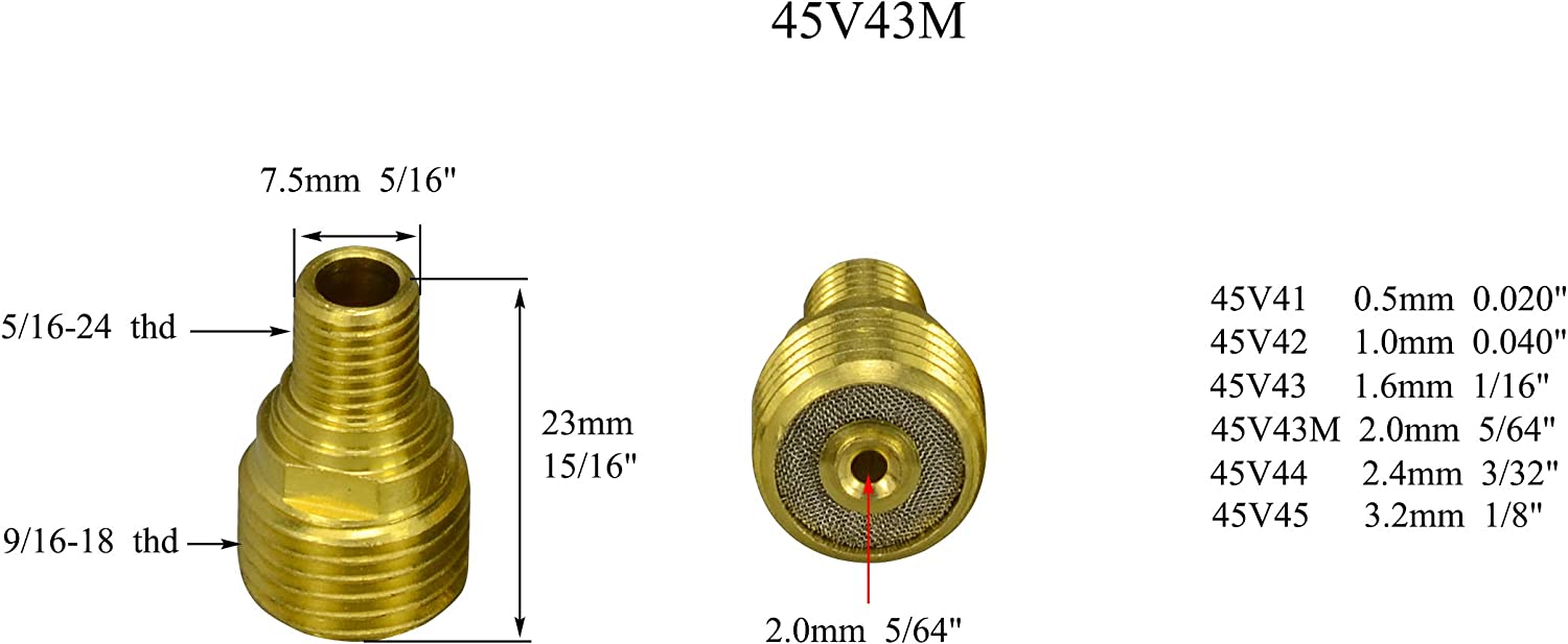 45V43M 2.0mm TIG Gas Lens Collet Body PTA DB SR WP 9 20 24 25 TIG Welding Torch Series 2pk