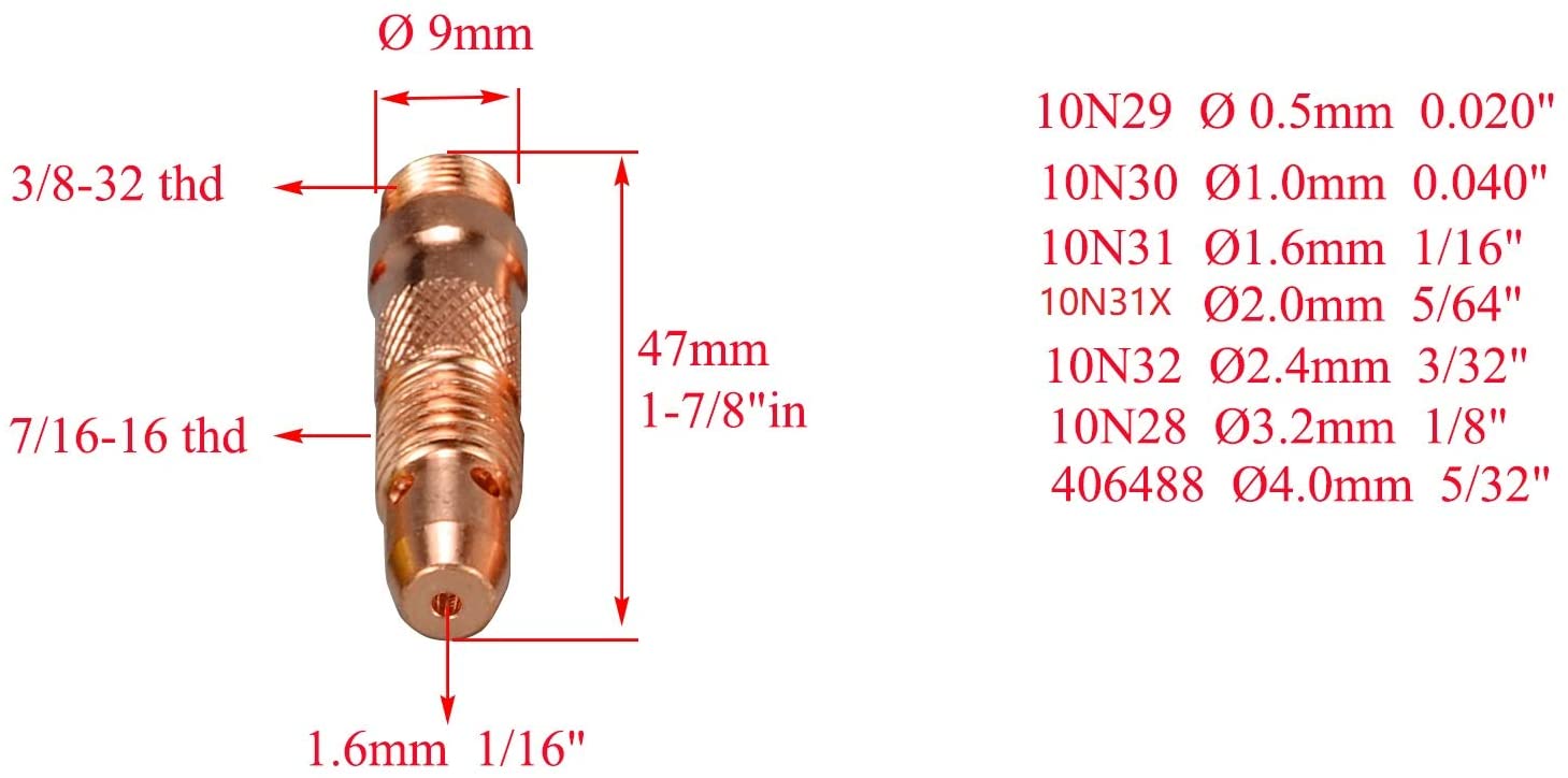 TIG Collet Body 10N31?? 1/16'' & 1.6mm Orifice) Fit PTA SR WP 17 18 26 TIG Welding Torch 5pk