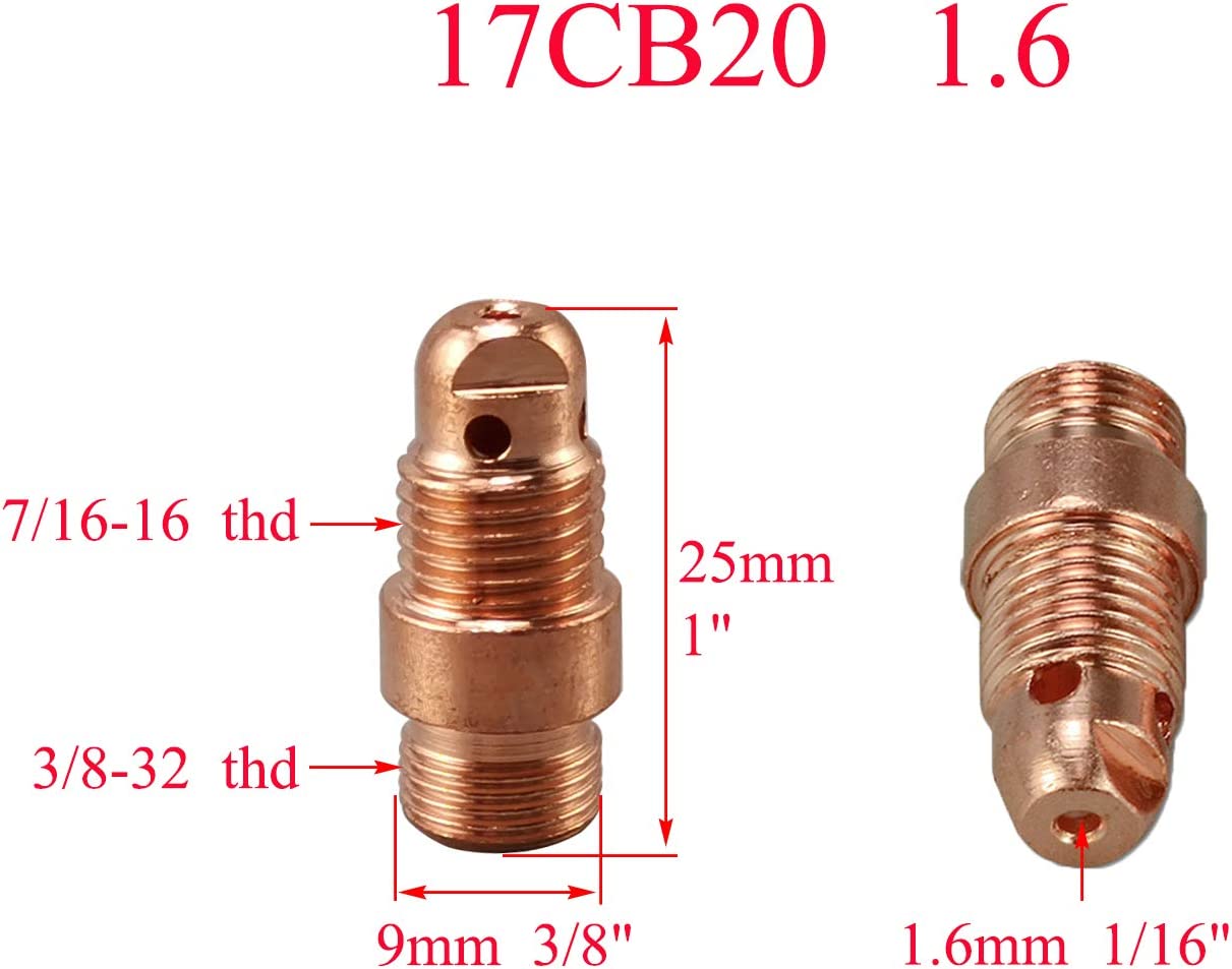 TIG Stubby Gas Lens Collets 17CB20 17GL040 10N22S (0.040") 17GL116 10N23S (1/16") 17GL332 10N24S (3/32") 17GL18 10N25S (1/8") Glass Cup #4~#8 Ceramic cup 13N 53N WP 17 18 26 TIG Torch Welding 54pcs