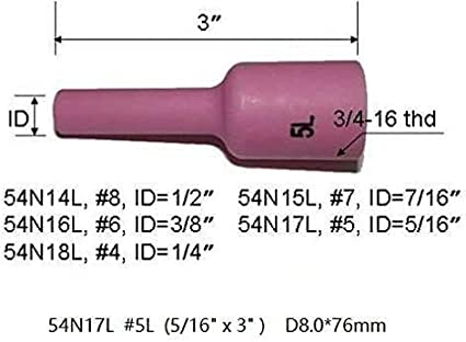 TIG Gas Lens Ceramic Cup Long Assorted Size Kit 54N18L #4L(D6.5 x 76 mm) 54N17L #5L(D8 x 76 mm) 54N16L #6L(D9.5 x 76 mm) 54N15L #7L(D11 x76 mm) 54N14L #8L(D12.5 x76 mm) Fit SR DTA DB WP 17 18 26,10pk